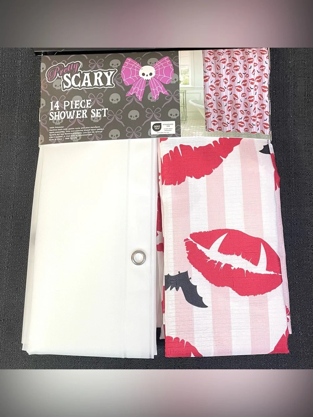 14-pc Halloween Shower Curtain Set Pink White Stripes Fang Lips Bats Hooks NEW